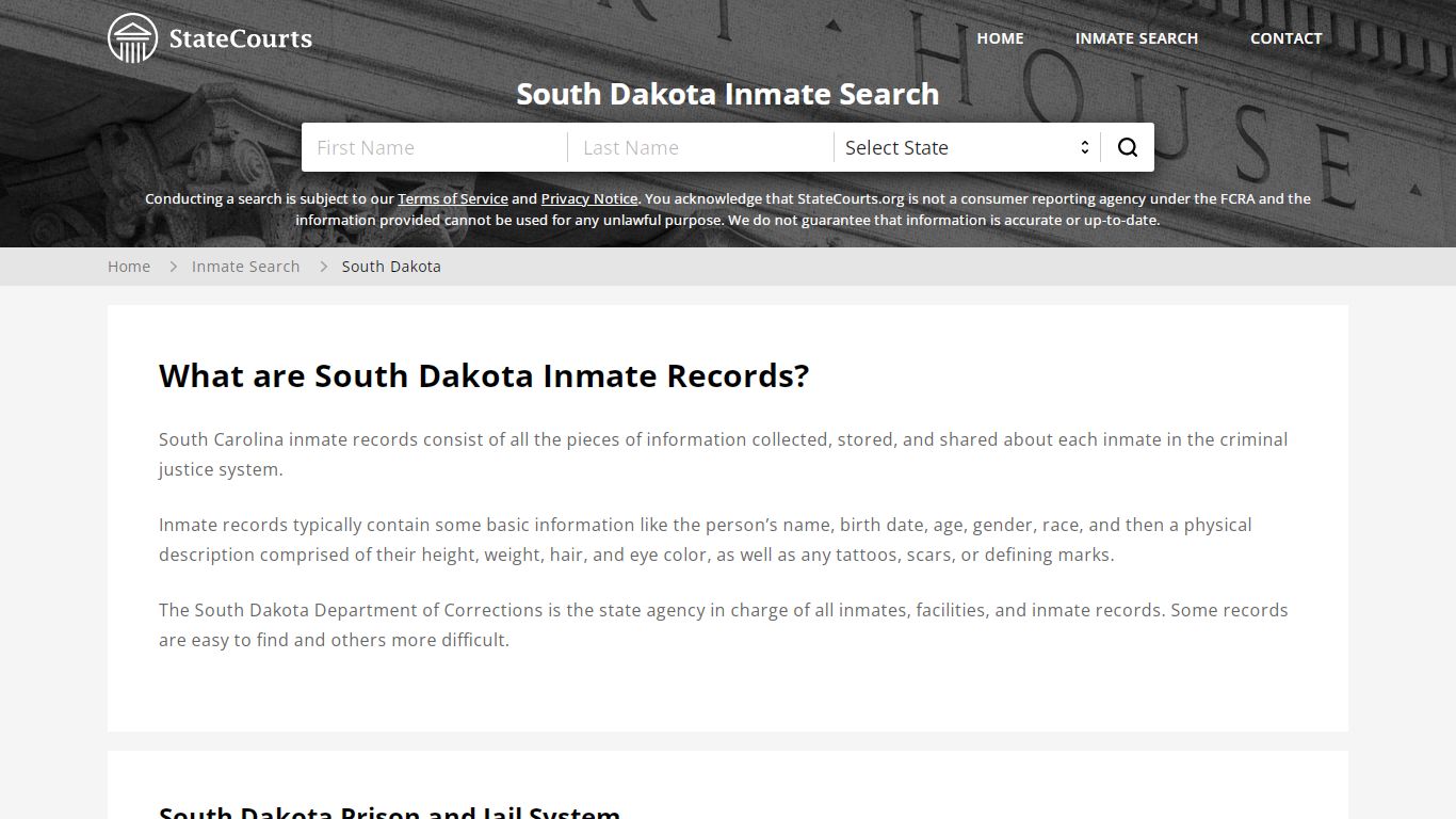 South Dakota Inmate Search, Prison and Jail Information - StateCourts